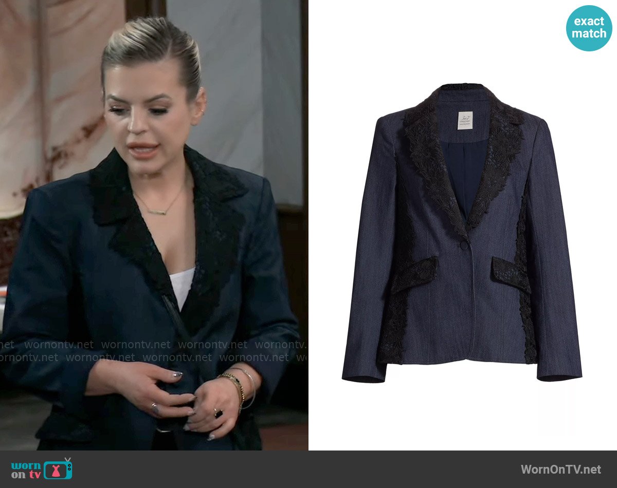 Cinq a Sept Laney Lace Appliqué Denim Jacket worn by Maxie Jones (Kirsten Storms) on General Hospital