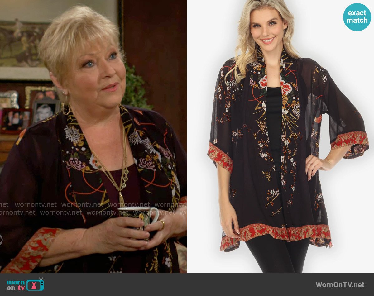 Citron Engineered Blossoms Flowers Kimono Jacket worn by Traci Abbott (Beth Maitland) on The Young and the Restless