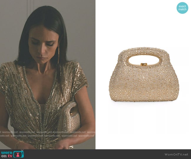 Cult Gaia Mimi Embellished Leather Top Handle Bag in Sand Dollar worn by Chloe (Jordana Brewster) on Elsbeth