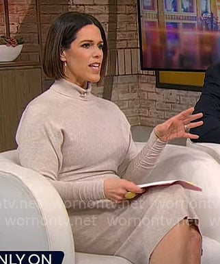 Dana Jacobson's beige turtleneck sweater dress on CBS Mornings