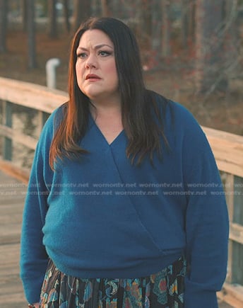 Dana’s blue wrap sweater and floral skirt on Sweet Magnolias