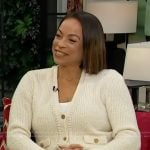 Daphnee Duplaix’s white cardigan on Access Hollywood