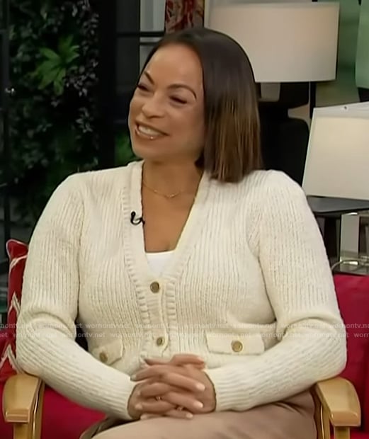 Daphnee Duplaix’s white cardigan on Access Hollywood