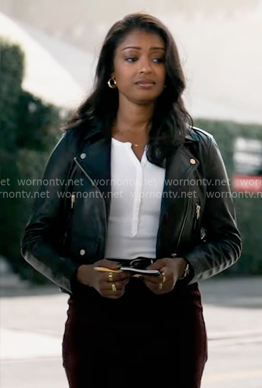 Daphne's cropped leather moto jacket on High Potential