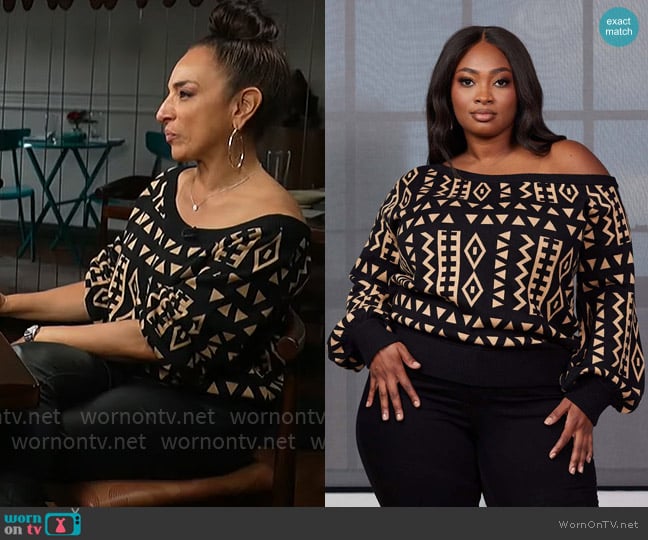 D'iyanu Hiba Off-Shoulder Sweater in Tan Black Tribal worn by Michelle Miller on CBS Mornings