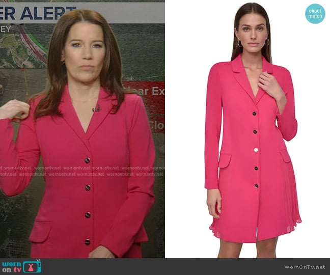 DKNY Notch-Neck Pleat-Skirt Blazer Dress in Pink Peacock worn by Heather O’Rourke on Good Morning America