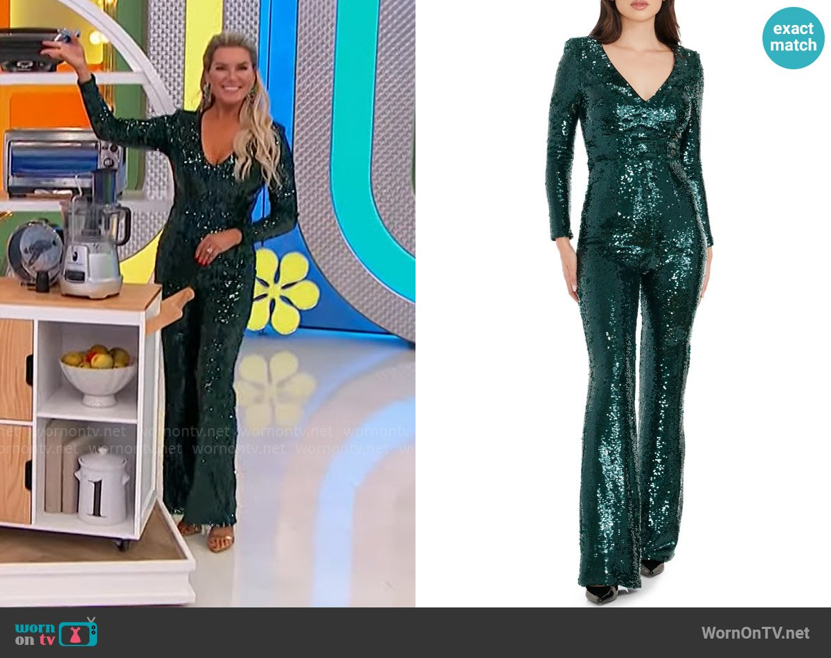 Dress the Population Carson Sequin Jumpsuit in Deep Emerald worn by Rachel Reynolds on The Price is Right