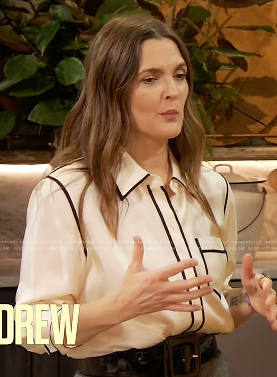 Drew’s white piping trim blouse on The Drew Barrymore Show