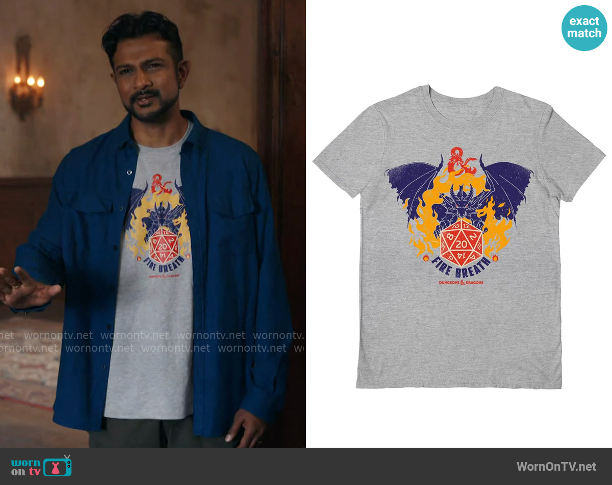 Dungeons & Dragons Fire Breath Grey T-Shirt worn by Jay (Utkarsh Ambudkar) on Ghosts