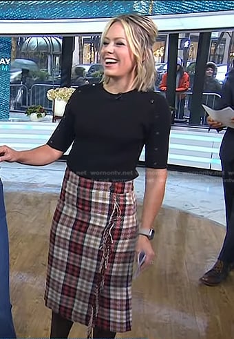 Dylan’s black button sleeve top and plaid skirt on Today