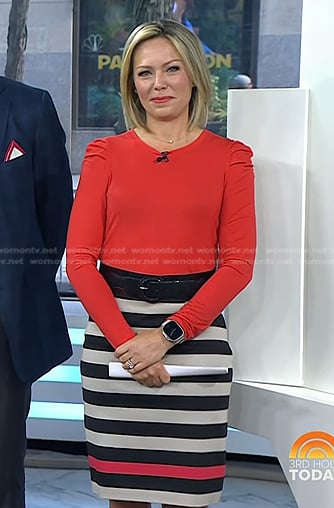 Dylan’s red puff sleeve top and striped skirt on Today