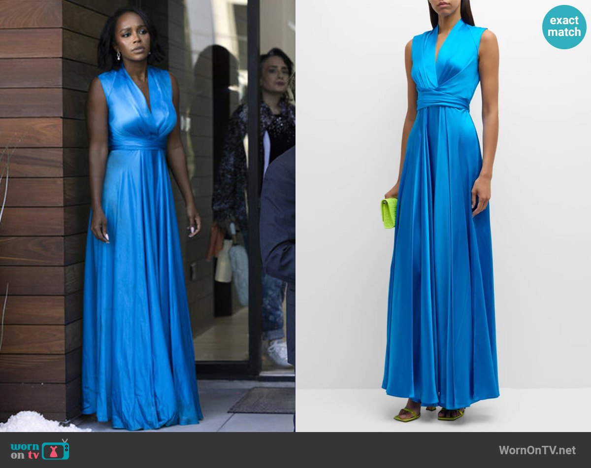 E.Stott Sadie Wrap-Front Silk Satin Gown worn by Catherine (Aja Naomi King) on Grosse Pointe Garden Society