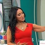 Elizabeth Werner’s red v-neck dress on CBS Mornings