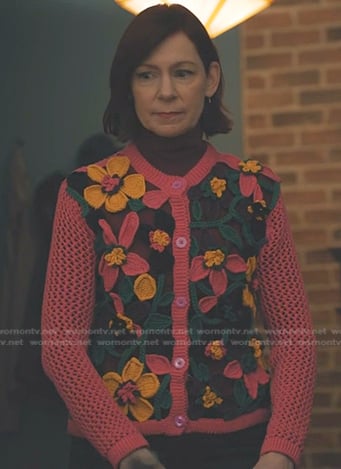 Elsbeth's pink floral crochet cardigan on Elsbeth