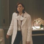 Elsbeth’s white sequin stripe mohair coat on Elsbeth