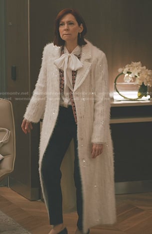 Elsbeth's white sequin stripe mohair coat on Elsbeth