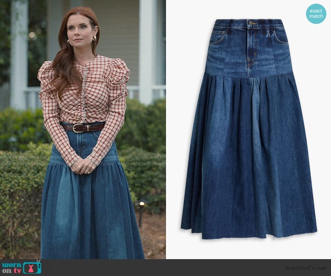 E.L.V. Denim x The Outnet The Drop Waist denim midi skirt worn by Maddie Townsend (JoAnna Garcia Swisher) on Sweet Magnolias