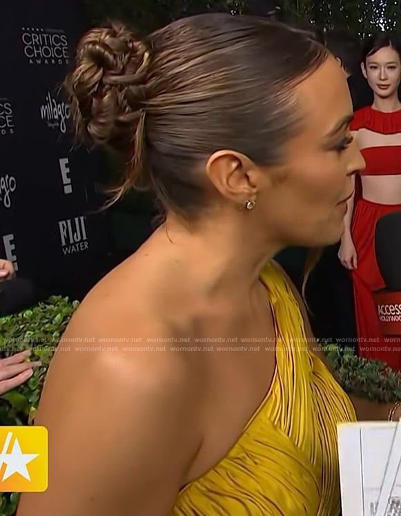 Emily Orozco’s yellow gathered one shoulder gown on Access Hollywood