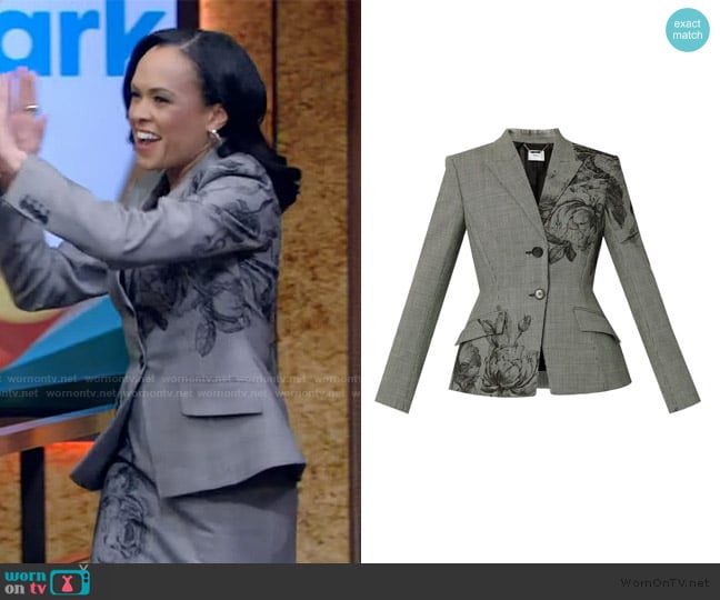 Linsey’s gray plaid floral blazer on Live with Kelly