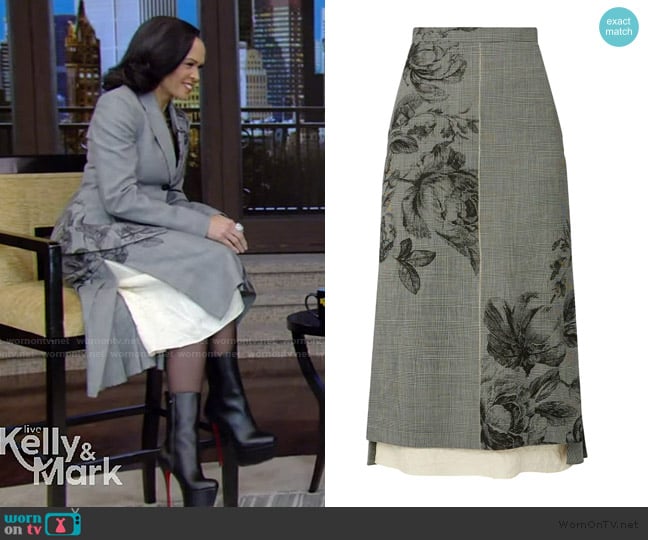 Linsey’s gray plaid floral skirt on Live with Kelly