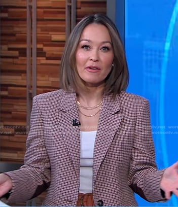 Eva’s brown plaid blazer and belted pants on Good Morning America