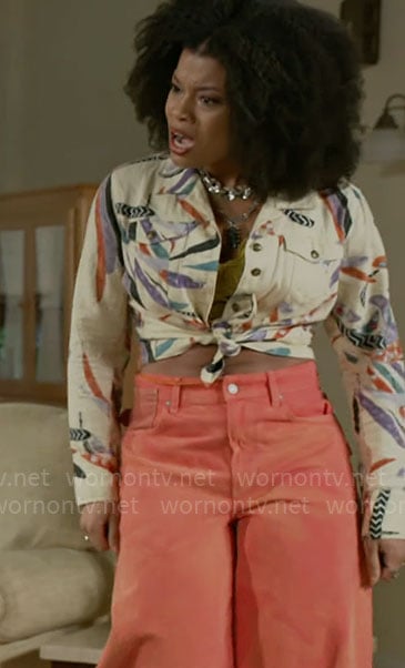 Eva's feather print shirt and orange wide leg jeans on Beyond the Gates