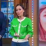 Eva’s green cardigan jacket and denim Culottes on Good Morning America