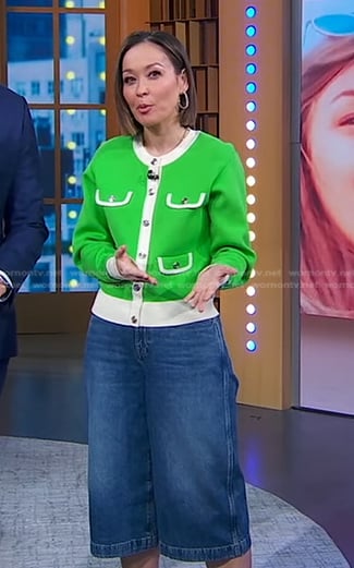 Eva's green cardigan jacket and denim Culottes on Good Morning America