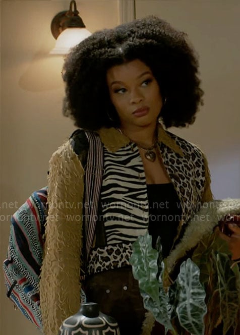 Eva’s fringed animal print jacket on Beyond the Gates