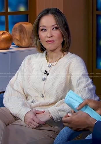 Eva's ivory cable knit cardigan on Good Morning America