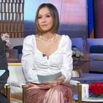 Eva’s white ruched top and pink satin cargo pants on Good Morning America