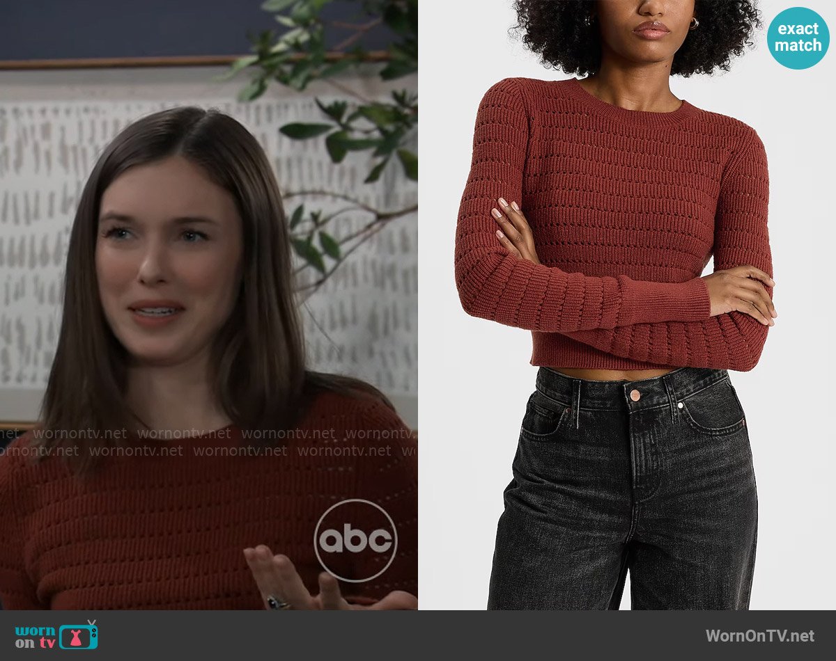 Express Open Stitch Crew Neck Cropped Sweater in Fired Brick worn by Willow Tait (Katelyn MacMullen) on General Hospital