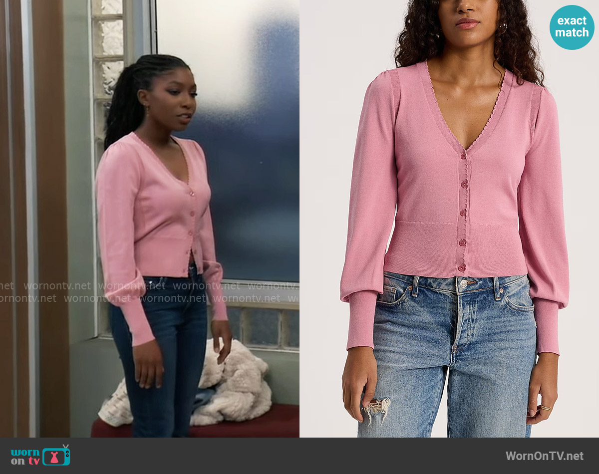 Express Scalloped V-Neck Cardigan worn by Trina Robinson (Tabyana Ali) on General Hospital