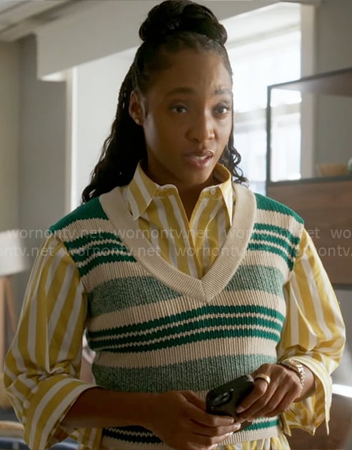 Faith's yellow striped shirt and green striped sweater vest on Will Trent