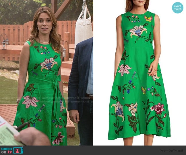  Gloriosa Floral Embroidered Linen Sleeveless Belted A-Line Midi Dress Fanm Mon worn by Amanda Larusso (Courtney Henggeler) on Cobra Kai