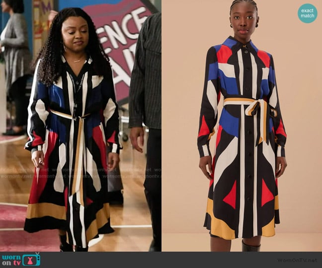 Farm Rio Amanda Abstract Print Long Sleeve Satin Shirtdress worn by Janine Teagues (Quinta Brunson) on Abbott Elementary