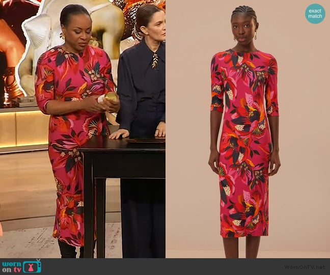 Farm Rio Colorful flowers jersey midi dress worn by Dr Kameelah Phlillips on The Drew Barrymore Show