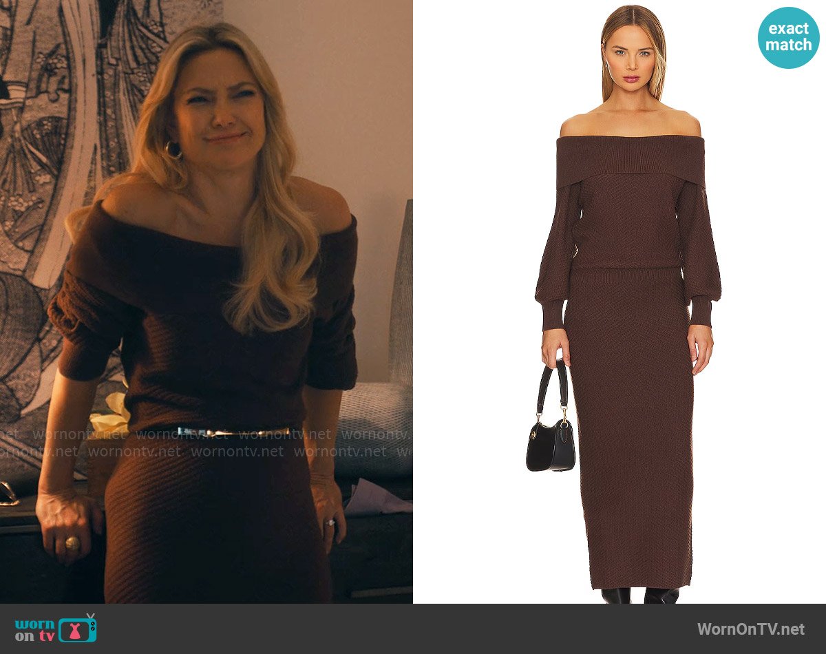 Favorite Daughter The Irene Dress in Coffee worn by Isla Gordon (Kate Hudson) on Running Point