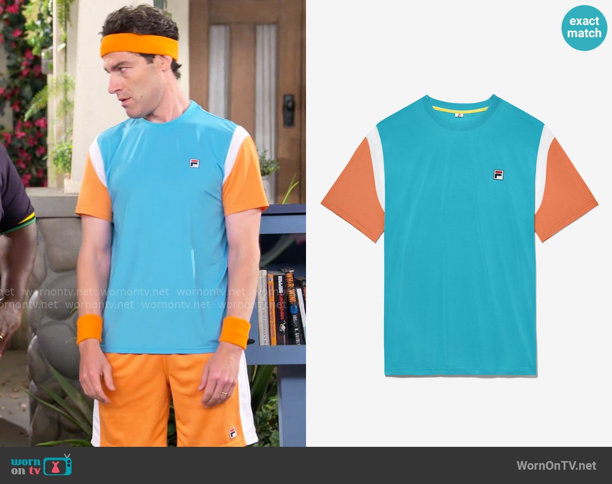 Fila Groundbreaker Short Sleeve Crew in Scuba Blue / Dusty Orange / White / Goldfinch worn by Dave Johnson (Max Greenfield) on The Neighborhood