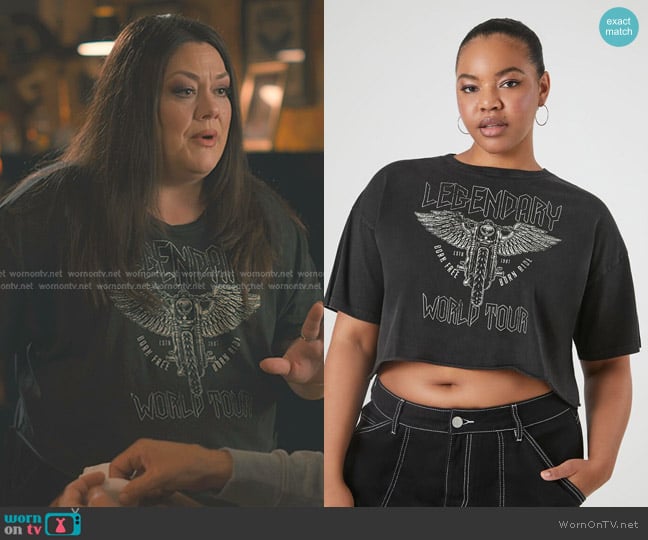 Forever 21 Plus Size Legendary World Tour Graphic Tee worn by Dana Sue Sullivan (Brooke Elliott) on Sweet Magnolias