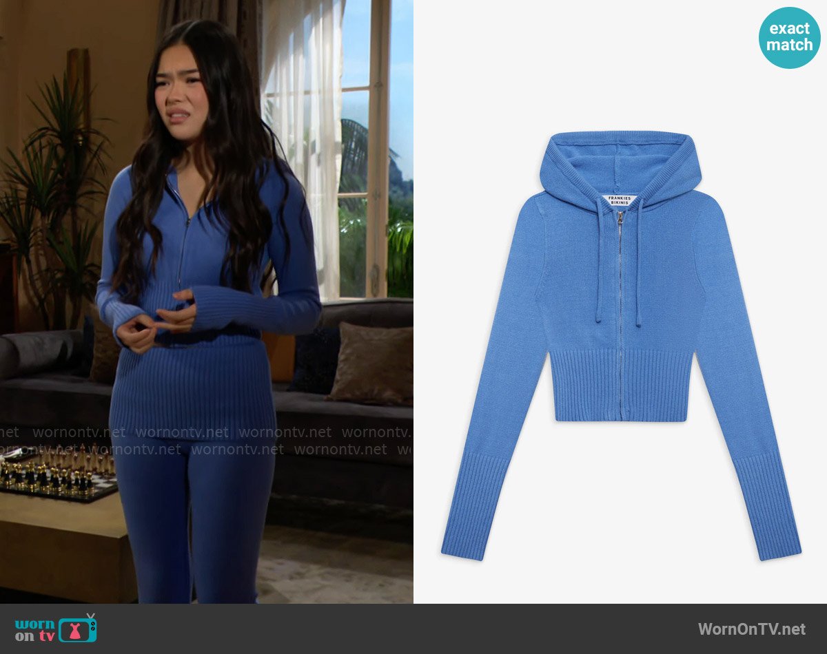 Frankies Bikinis Aimee Zip Up Hoodie in Blue Moon worn by Luna (Lisa Yamada) on The Bold and the Beautiful