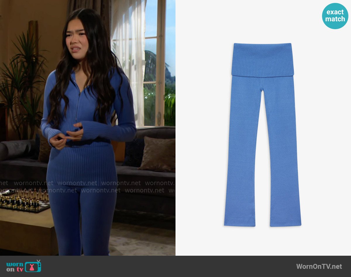 Frankies Bikinis Aimee Knit Pants in Blue Moon worn by Luna (Lisa Yamada) on The Bold and the Beautiful