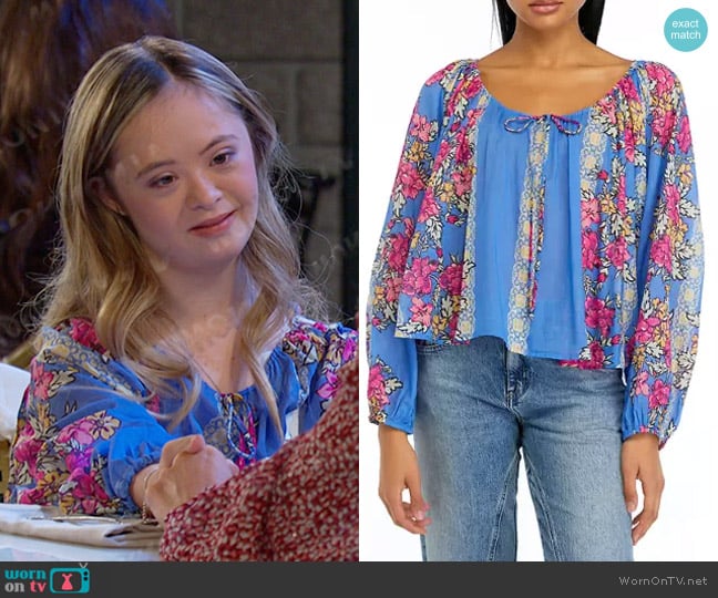 Free People Elena Printed Top in Sapphire Combo worn by Felicity Greene (Kennedy Garcia) on Days of our Lives