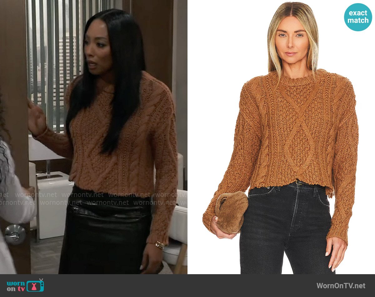 Free People Cutting Edge Cable Sweater in Camel worn by Jordan Ashford (Tanisha Mariko Harper) on General Hospital