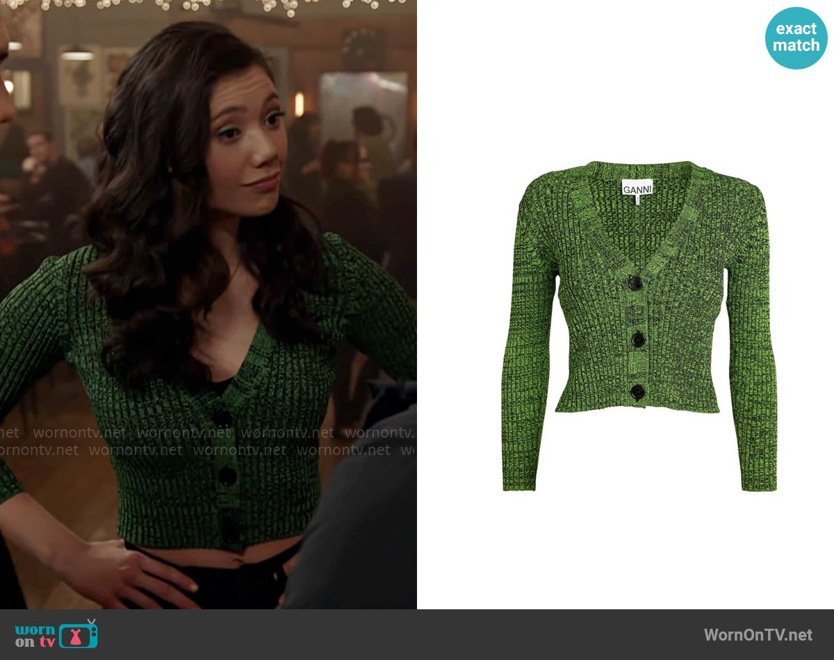 Ganni Cropped melange knit cardigan worn by Violet Mikami (Hanako Greensmith) on Chicago Fire