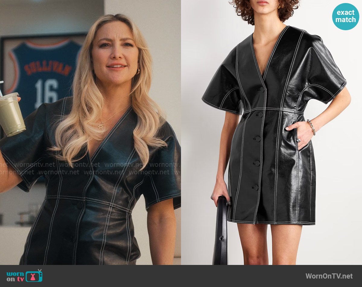 Isla’s black leather button front dress on Running Point