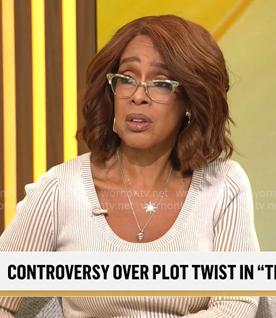 Gayle King's beige rib knit dress on CBS Mornings