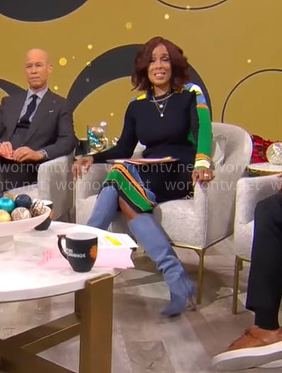 Gayle King's navy striped sweater and skirt set on CBS Mornings