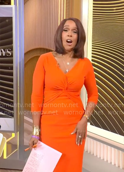 Gayle King's orange twist front dress on CBS Mornings
