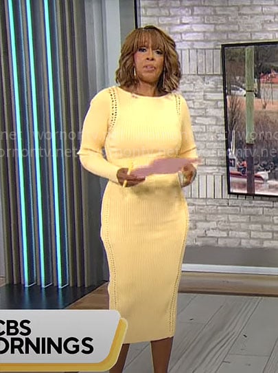 Gayle King's yellow knit long sleeve dress on CBS Mornings